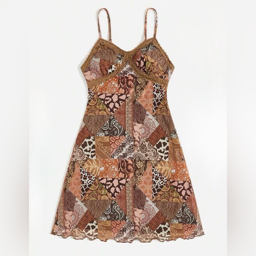 NWT- Stunning Paisley & Patchwork Mixed Print Lace Cani Dress, Vintage Vibes, M